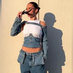 ZARA Denim Lace-Up Corset Top | Raw Edge Jean Bustier | Y2K Festival Size S NWT